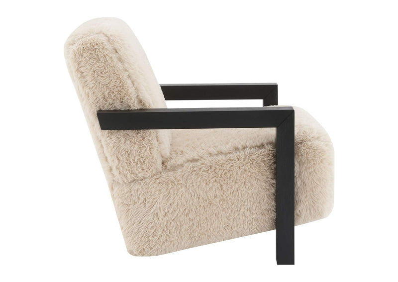 907533 Fitzroy Faux Fur Upholstered Chair Solid Wood Arms Latte