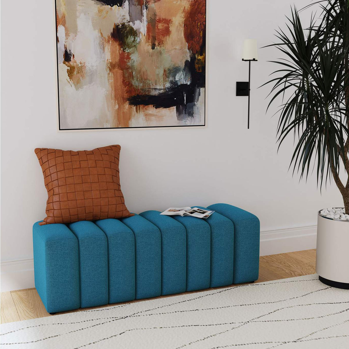 910293 Summer Fabric Upholstered Tufted Accent Bench Peacock Blue