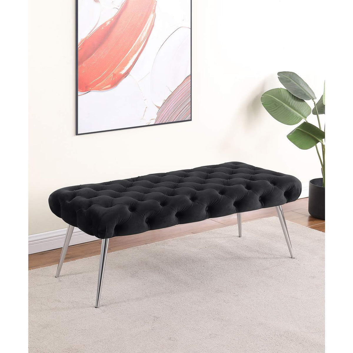 910333 Ella Upholstered Tufted Bench Stainless Steel Legs Black