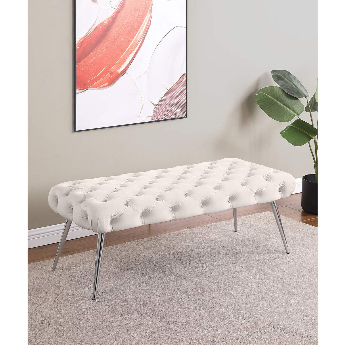 910334 Ella Upholstered Tufted Bench Stainless Steel Legs Ivory