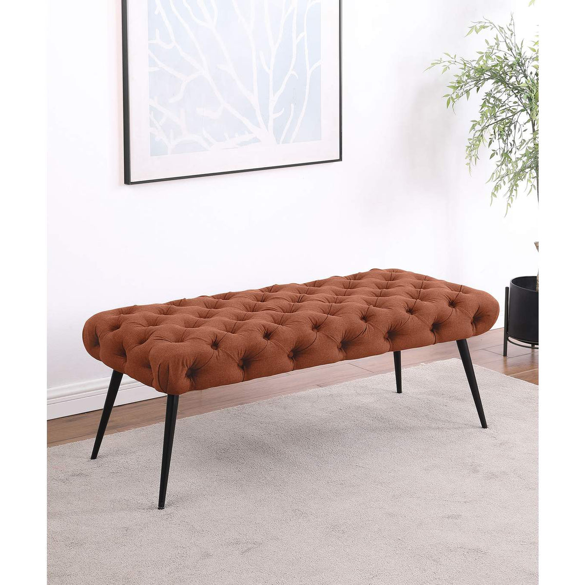 910335 Ella Upholstered Tufted Bench Metal Legs Rust