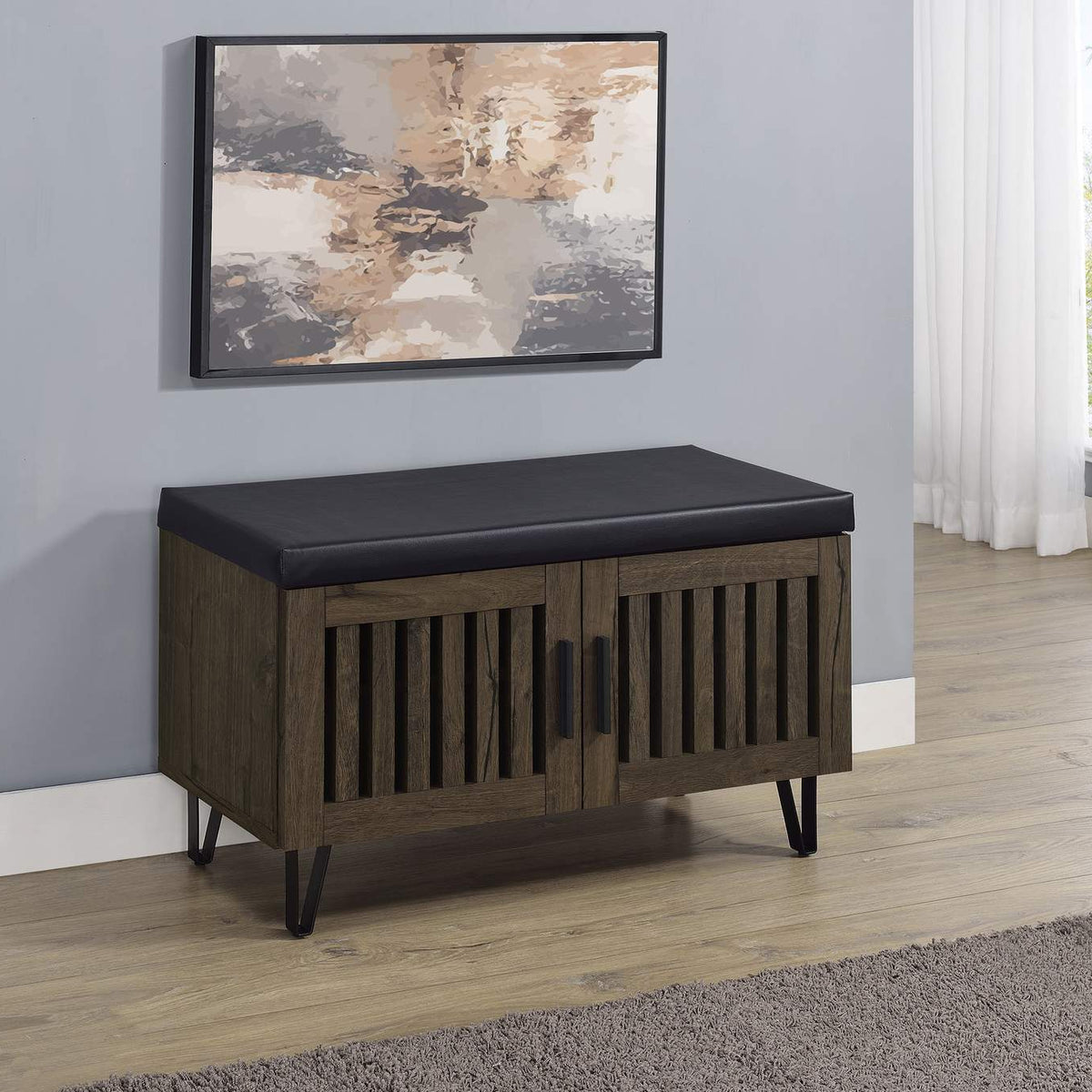 915153 Brixton 2-door Padded Entryway Shoe Storage Bench Smoked Oak