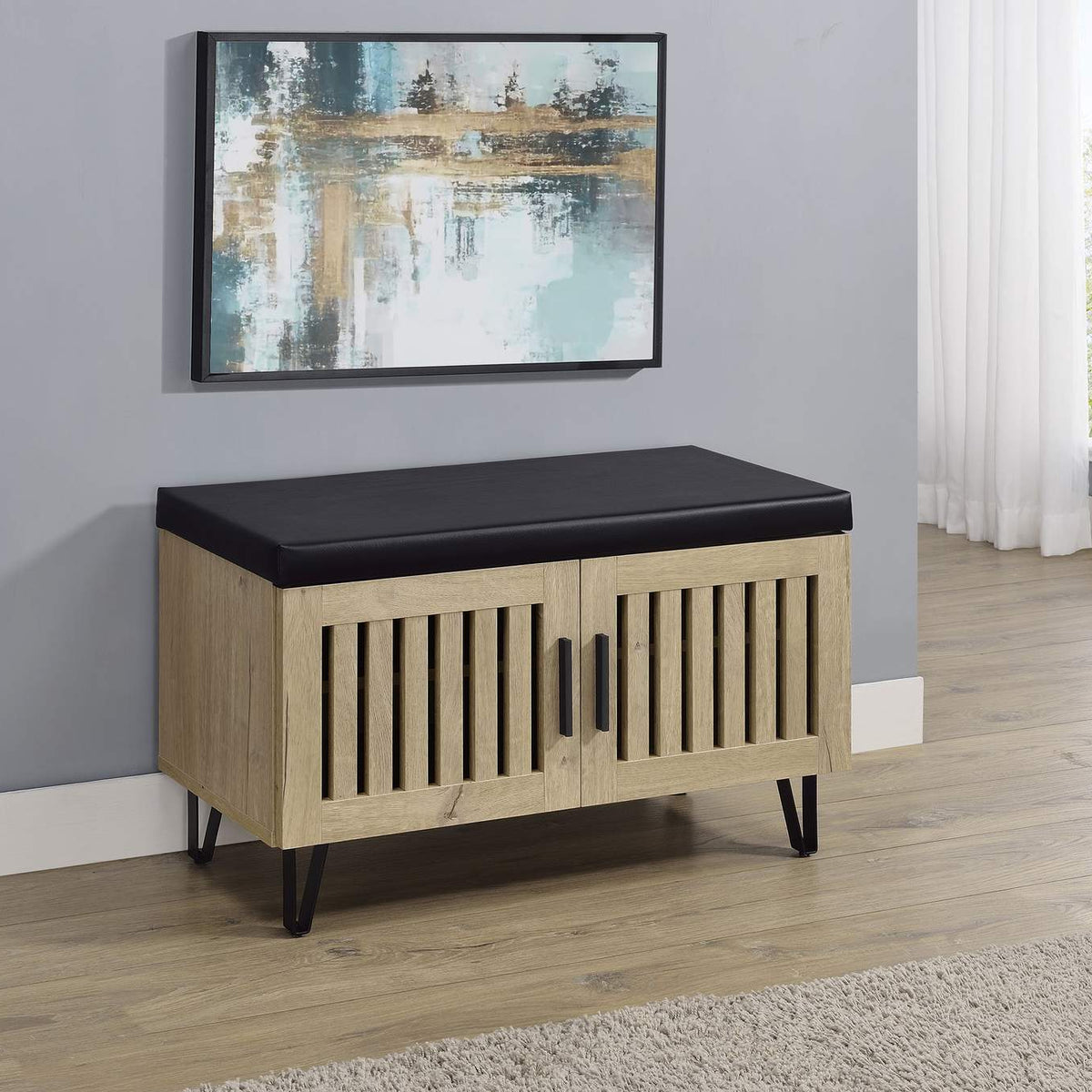 915154 Brixton 2-door Padded Entryway Shoe Storage Bench White Oak