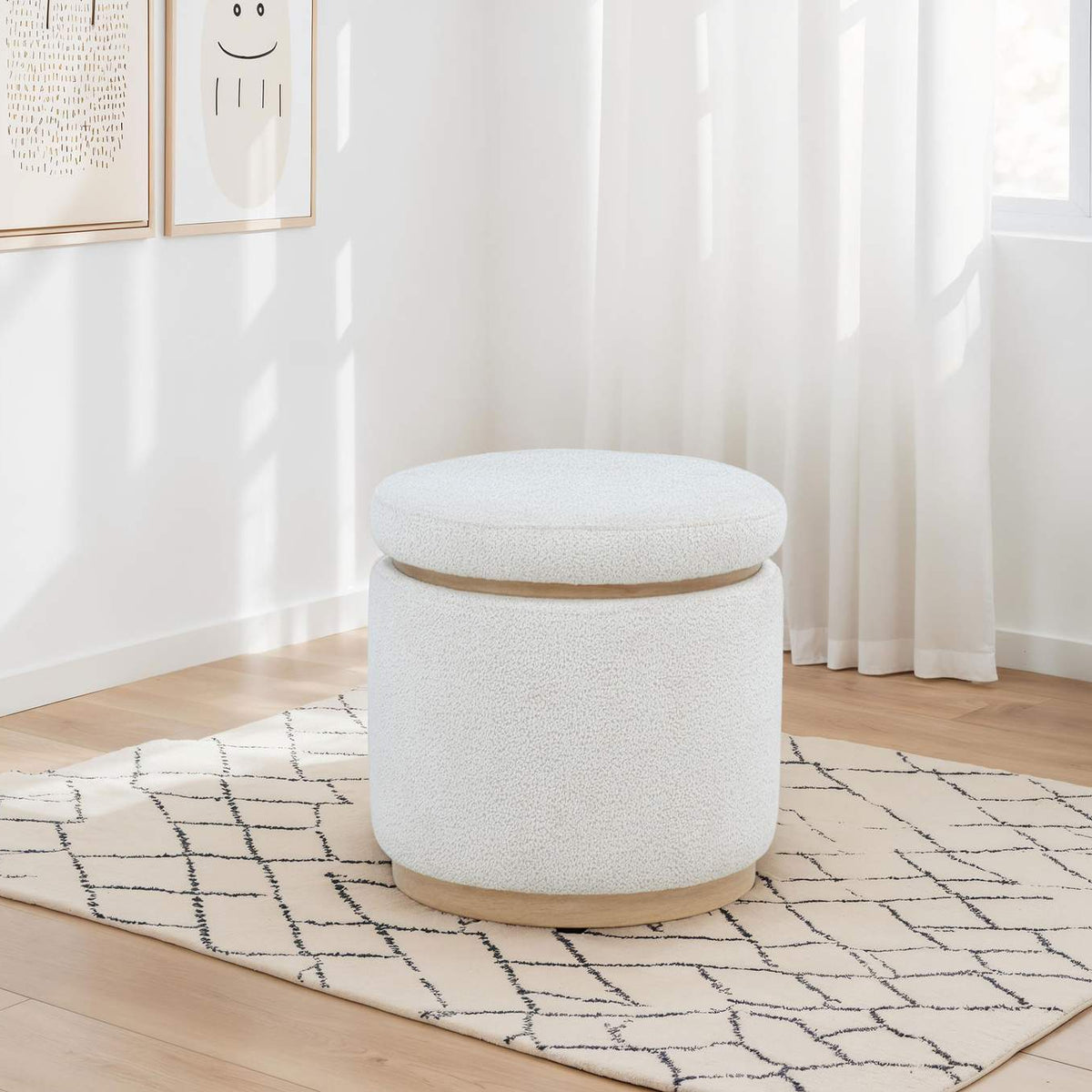 915423 Remuda Boucle Upholstered Round Storage Ottoman Ivory