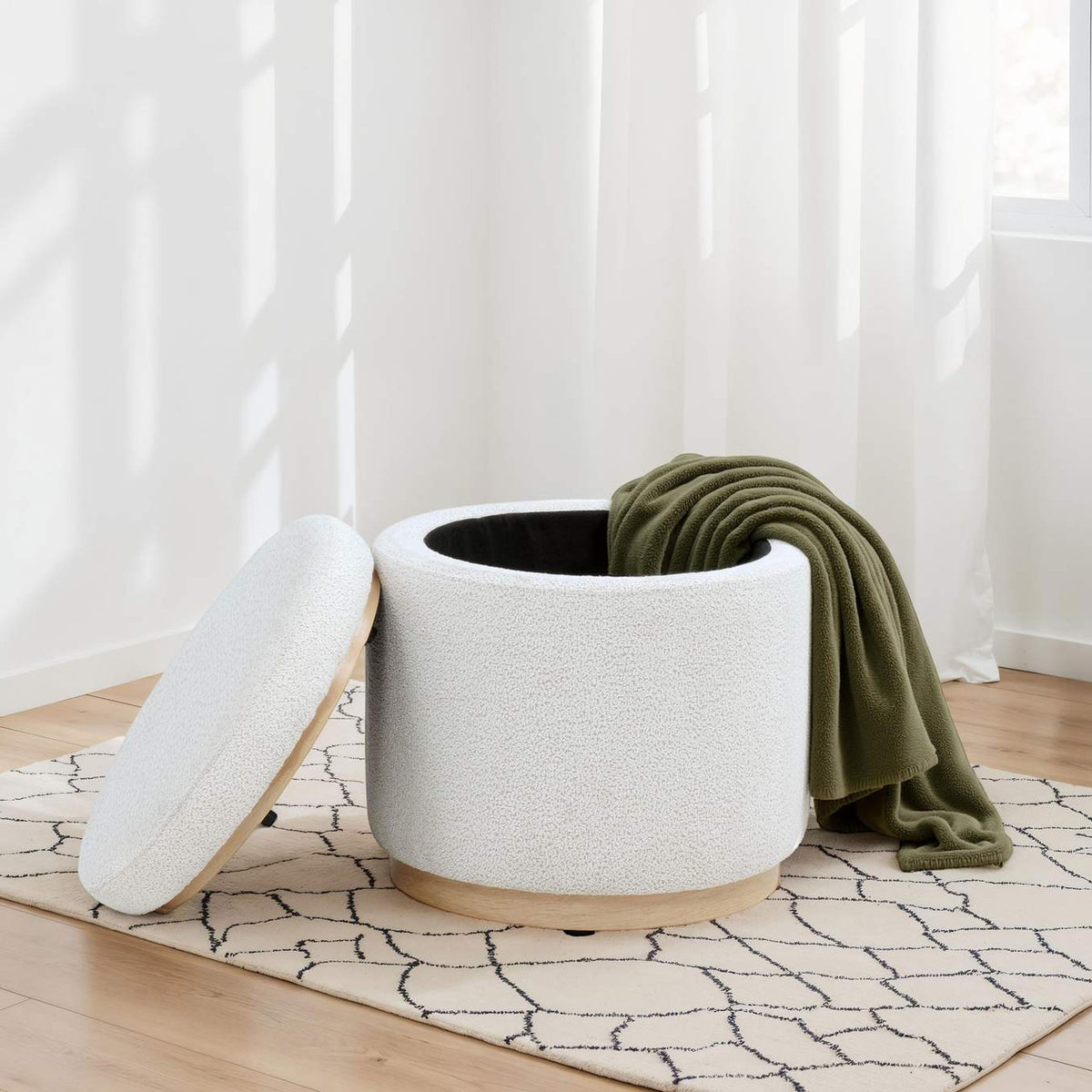 915423 Remuda Boucle Upholstered Round Storage Ottoman Ivory