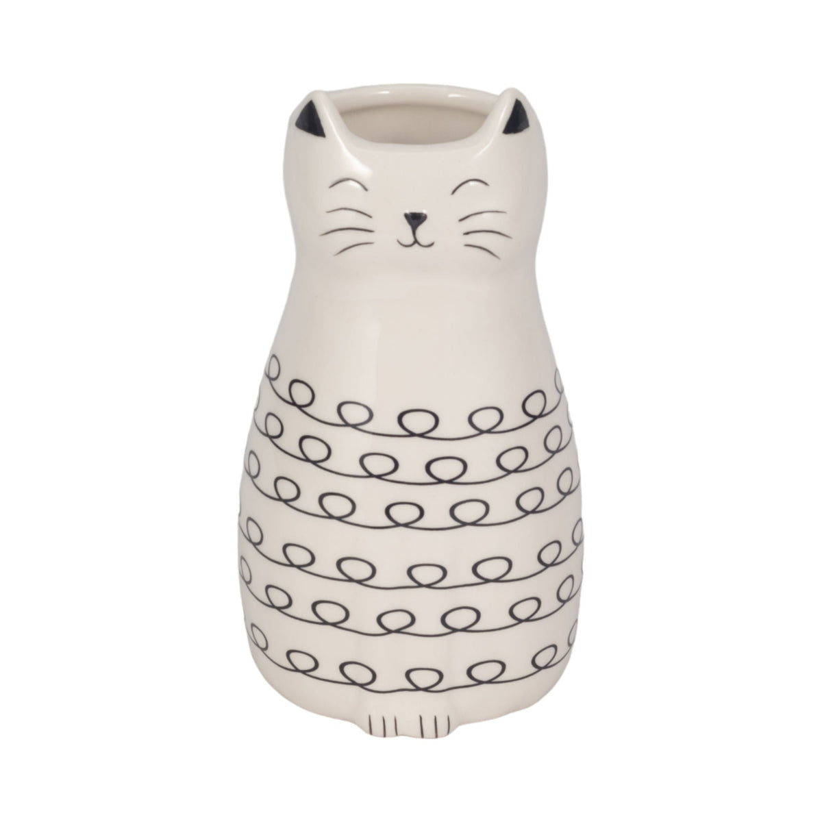 7" Squiggly Kitty With Vase Opening - White / Black