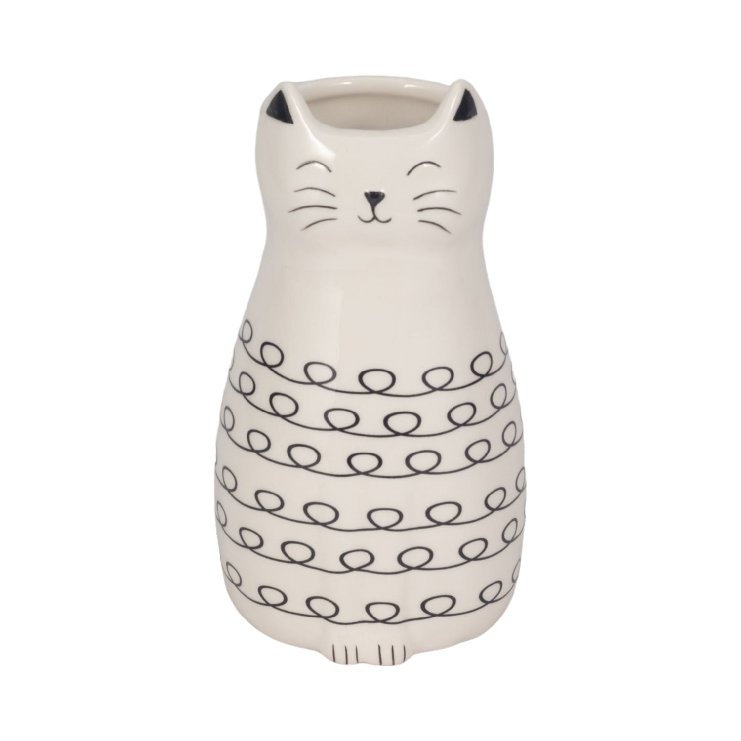7" Squiggly Kitty With Vase Opening - White / Black