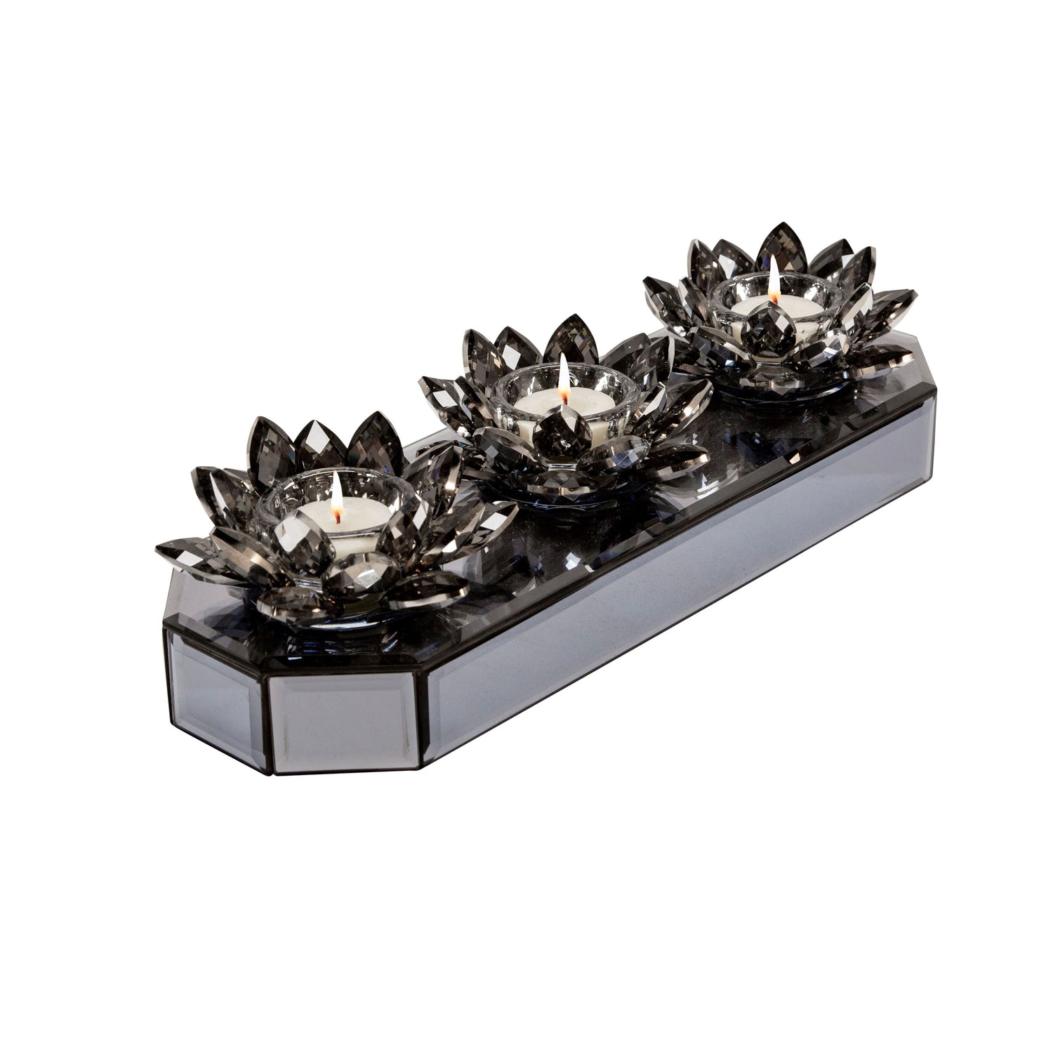 Glass 3 Lotus Mirrored Candle Holder 13" - Black