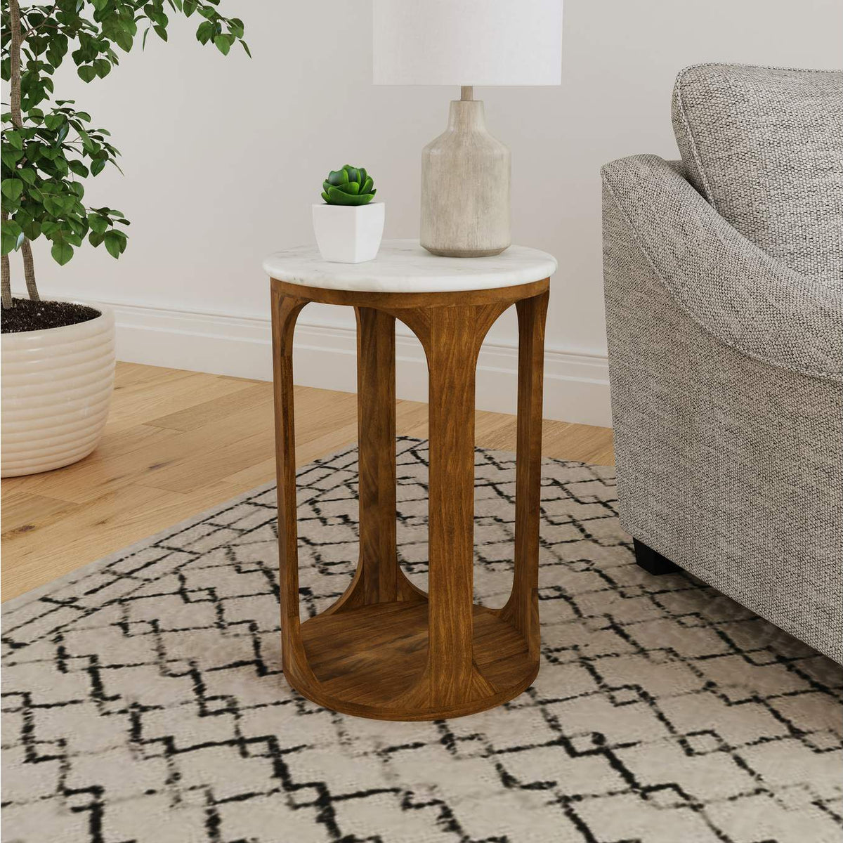 930080 Berkeley Round Marble Top Side Table White and Brown