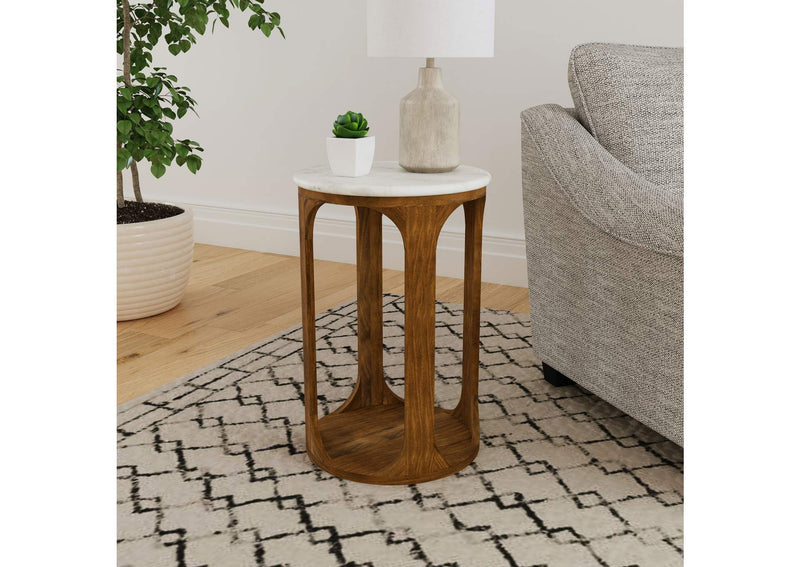 930080 Berkeley Round Marble Top Side Table White and Brown