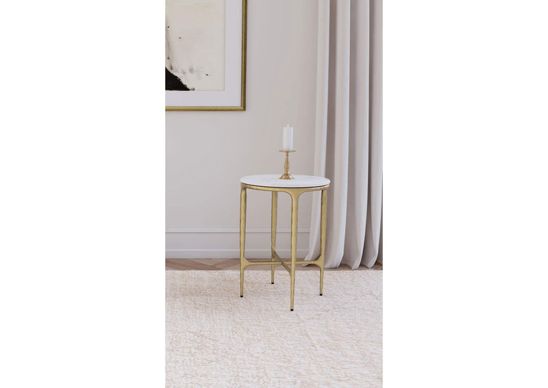930081 Baldwin Round Marble Top Side Table White and Gold