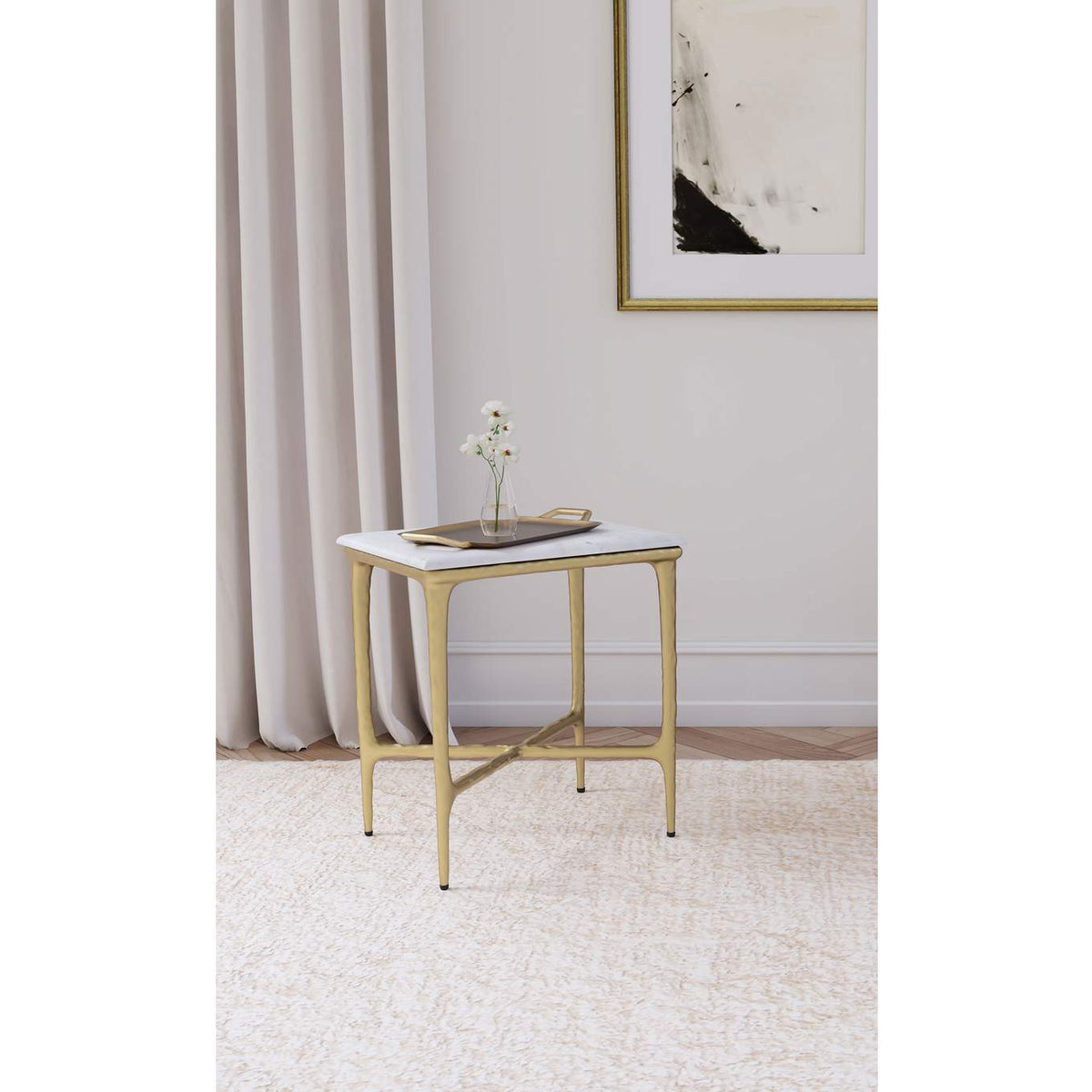 930091 Baldwin Rectangular Marble Top Side Table White and Gold