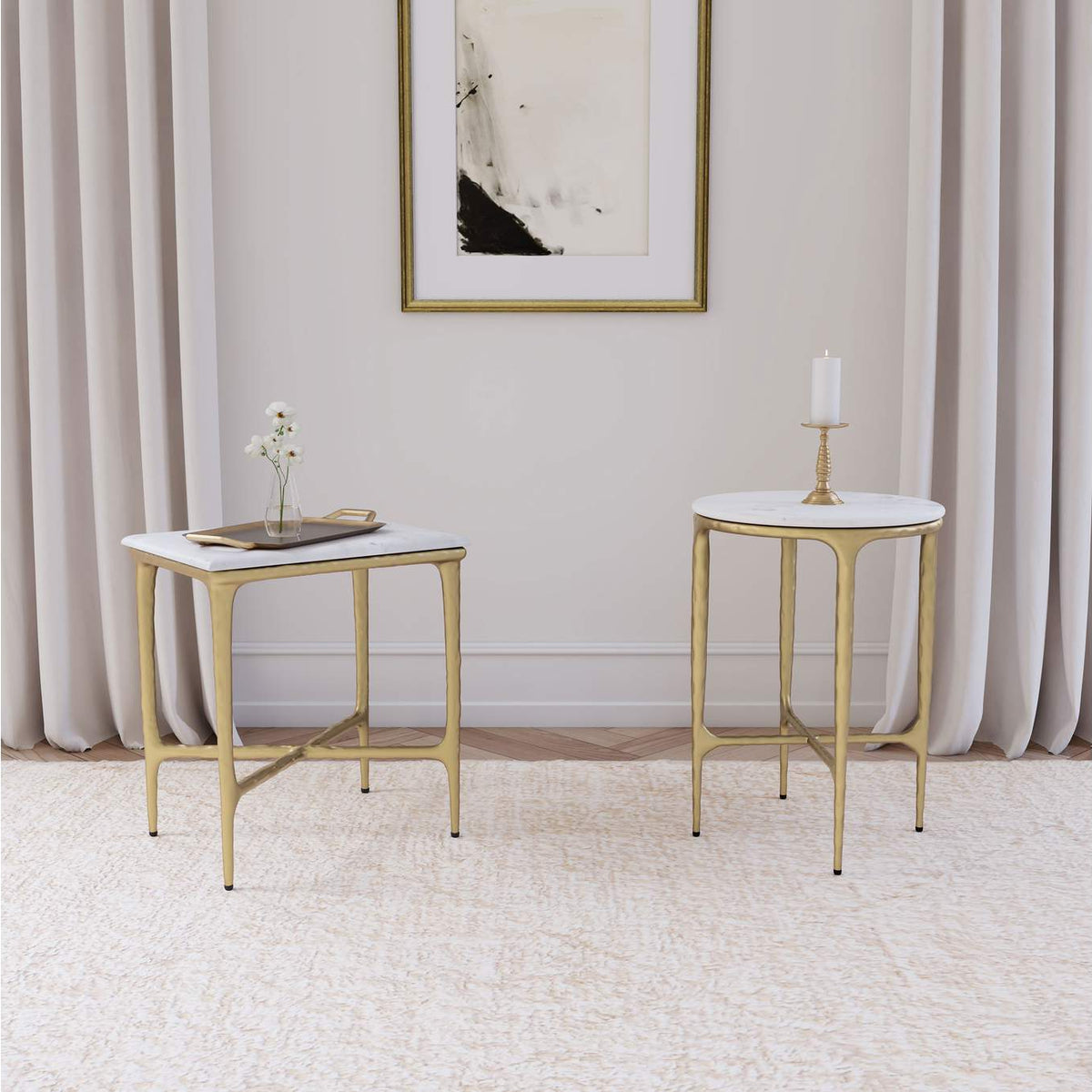 930091 Baldwin Rectangular Marble Top Side Table White and Gold