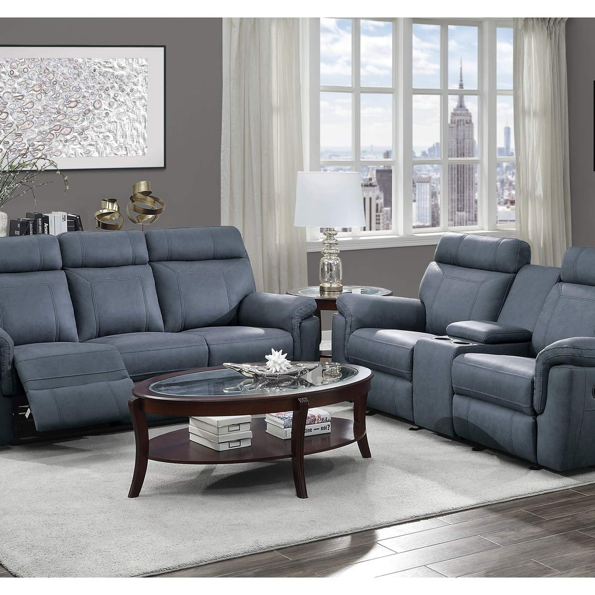 9301BUE-3 Clifton Double Reclining Sofa with Center Drop-Down Cup Holders