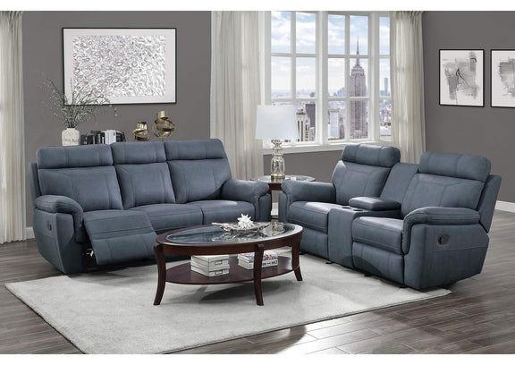 9301BUE-3 Clifton Double Reclining Sofa with Center Drop-Down Cup Holders