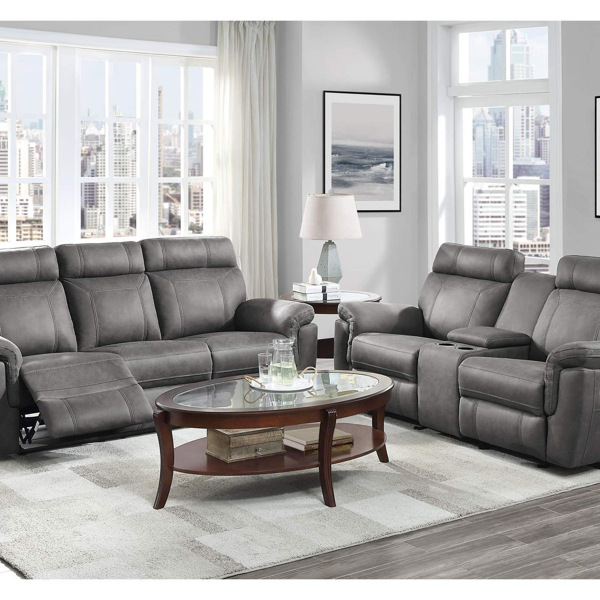 9301GRY-3 Clifton Double Reclining Sofa with Center Drop-Down Cup Holders