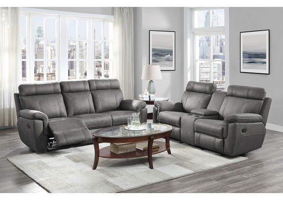 9301GRY-3 Clifton Double Reclining Sofa with Center Drop-Down Cup Holders