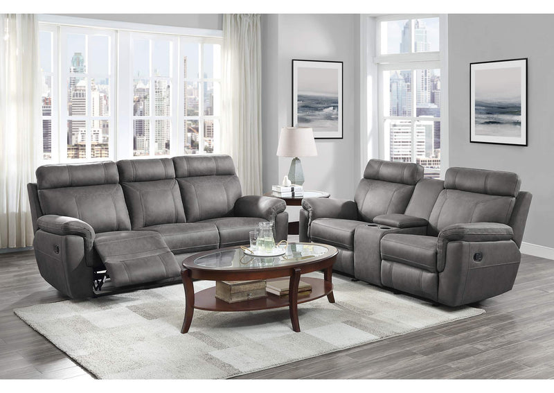 9301GRY-3 Clifton Double Reclining Sofa with Center Drop-Down Cup Holders