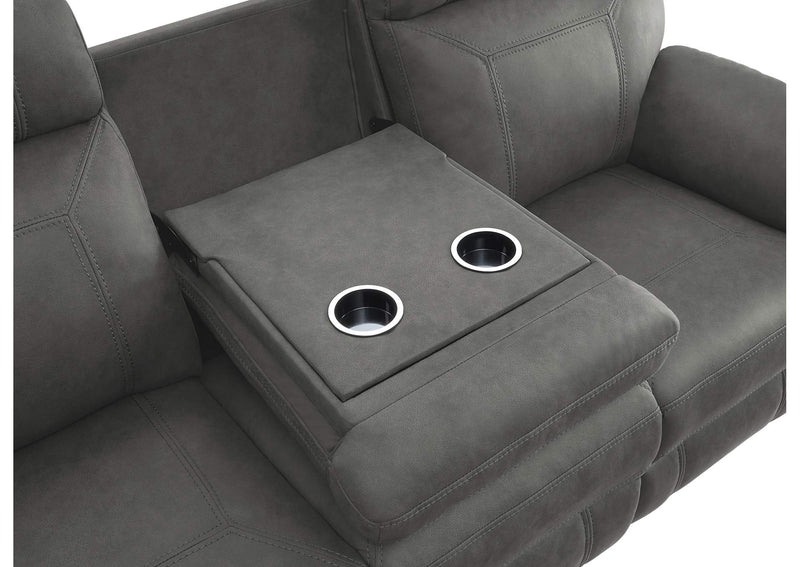 9301GRY-3 Clifton Double Reclining Sofa with Center Drop-Down Cup Holders