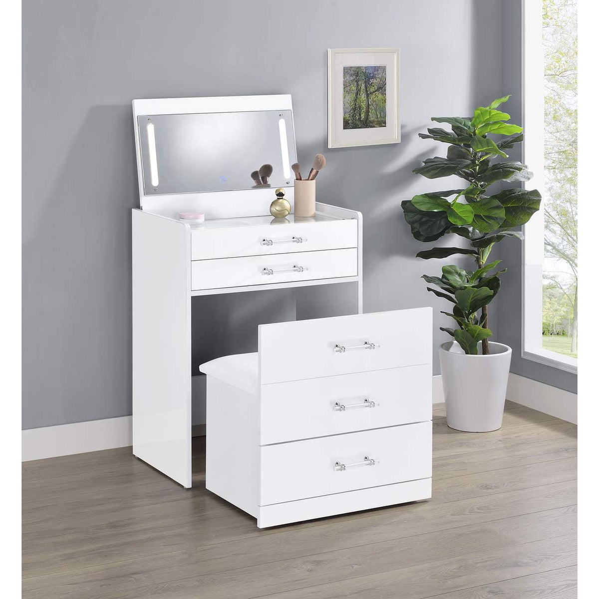 930208 Danbury 3-drawer Makeup Vanity & Stool Set White High Gloss