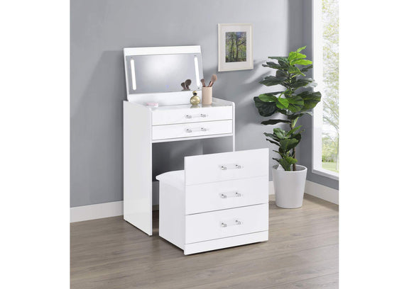 930208 Danbury 3-drawer Makeup Vanity & Stool Set White High Gloss