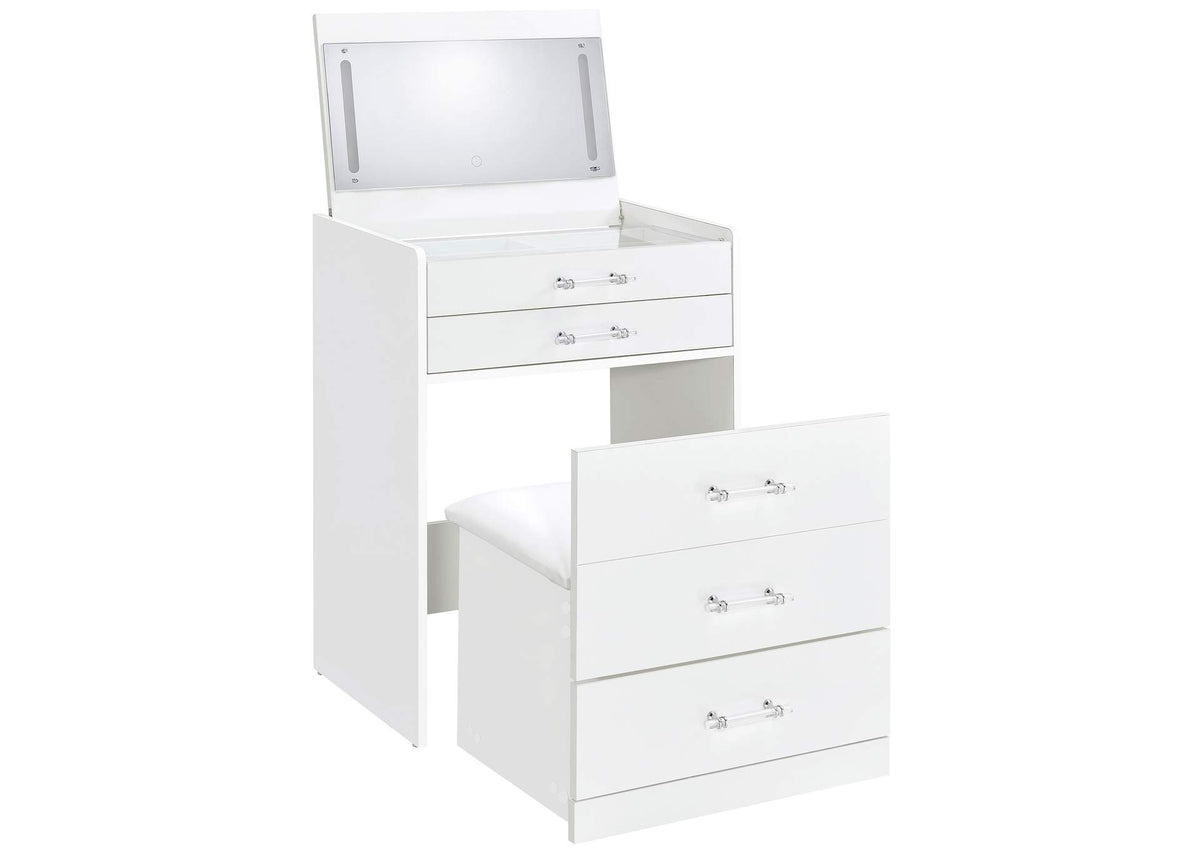 930208 Danbury 3-drawer Makeup Vanity & Stool Set White High Gloss