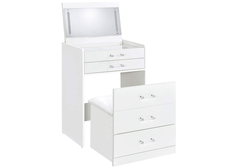 930208 Danbury 3-drawer Makeup Vanity & Stool Set White High Gloss