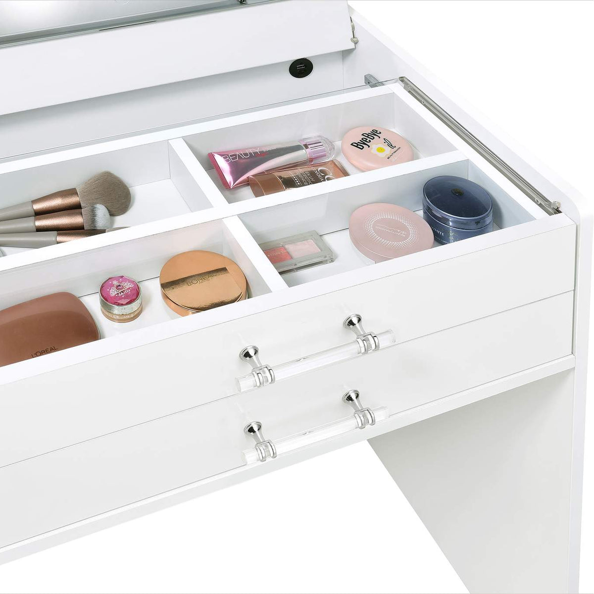 930208 Danbury 3-drawer Makeup Vanity & Stool Set White High Gloss