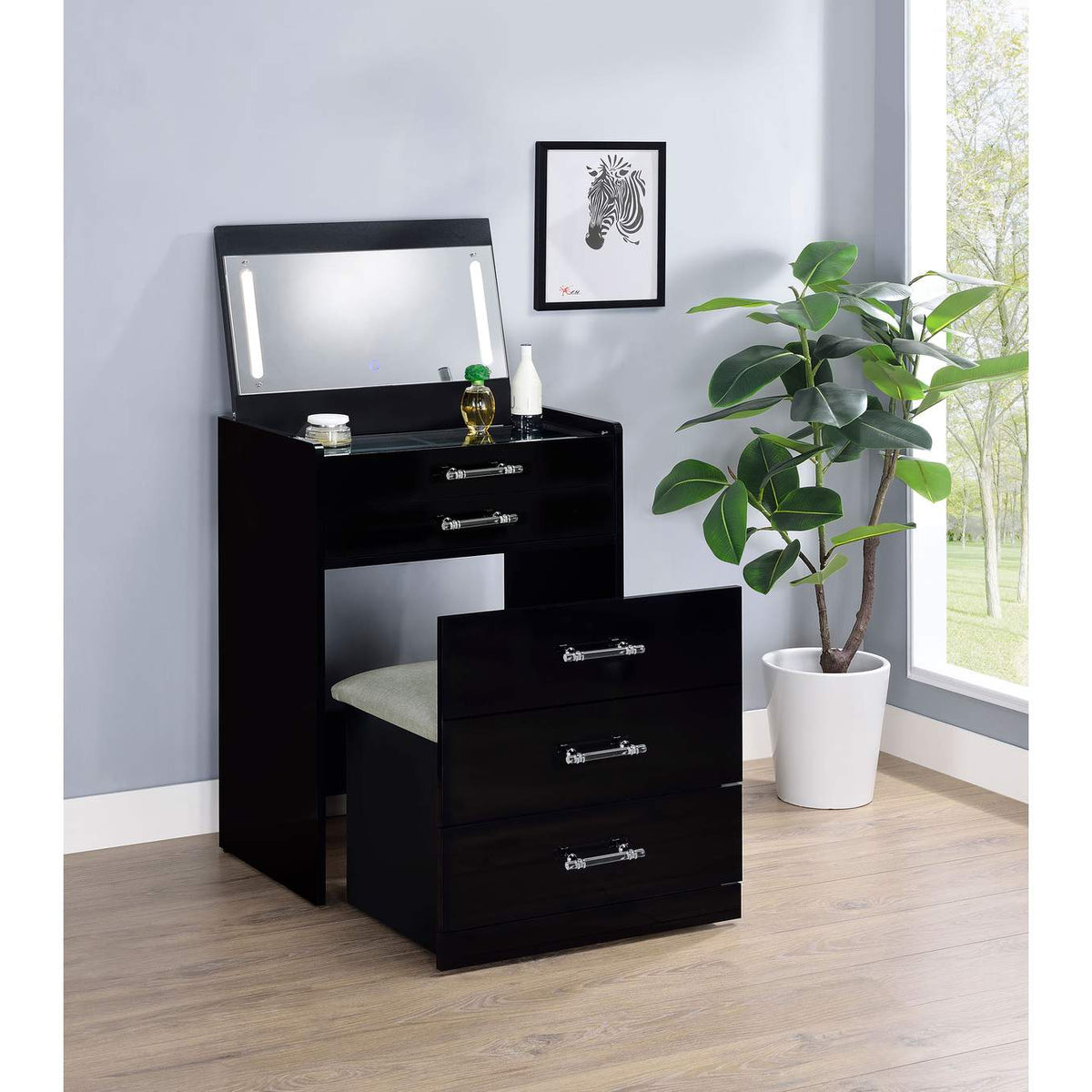 930209 Danbury 3-drawer Makeup Vanity & Stool Set Black High Gloss