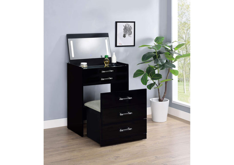 930209 Danbury 3-drawer Makeup Vanity & Stool Set Black High Gloss