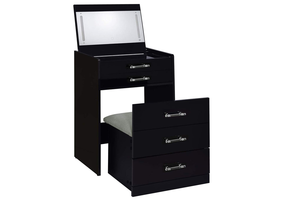 930209 Danbury 3-drawer Makeup Vanity & Stool Set Black High Gloss