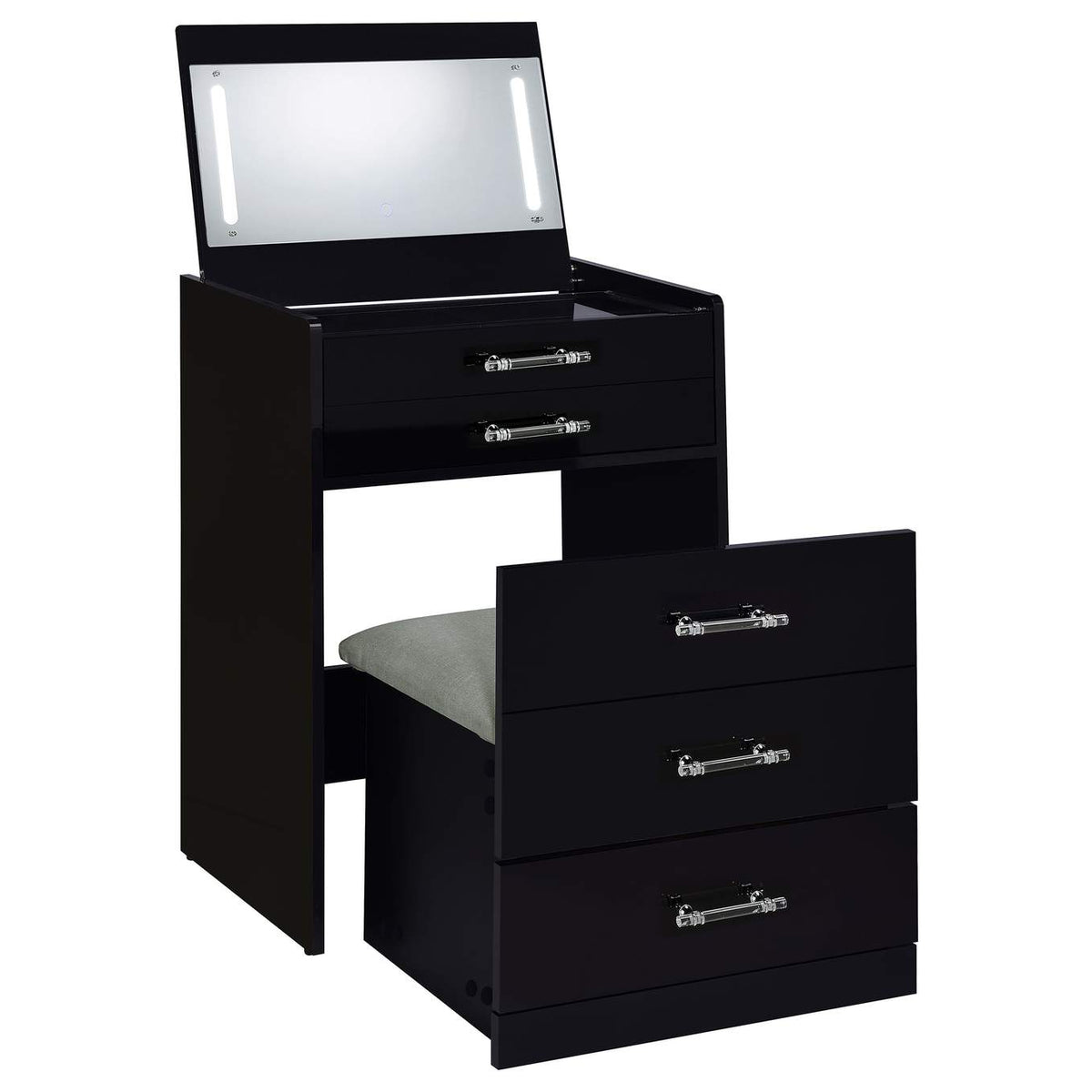 930209 Danbury 3-drawer Makeup Vanity & Stool Set Black High Gloss