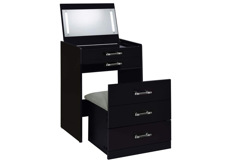 930209 Danbury 3-drawer Makeup Vanity & Stool Set Black High Gloss