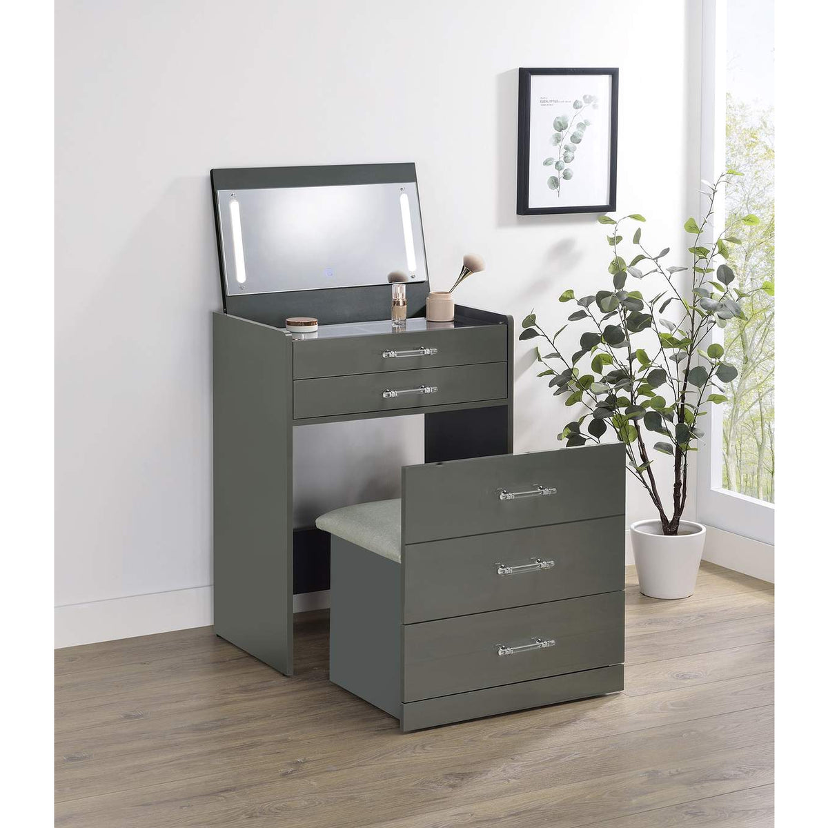 930210 Danbury 3-drawer Makeup Vanity & Stool Set Grey High Gloss