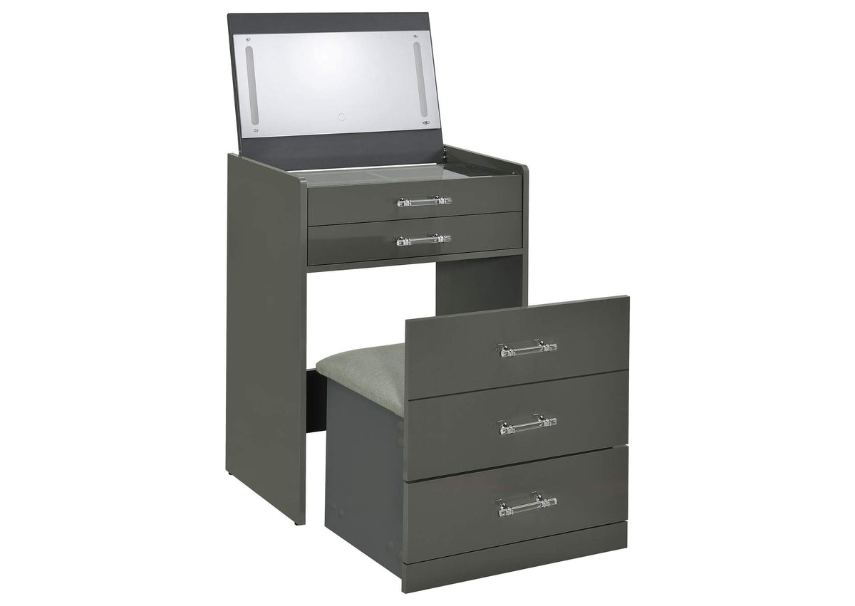 930210 Danbury 3-drawer Makeup Vanity & Stool Set Grey High Gloss