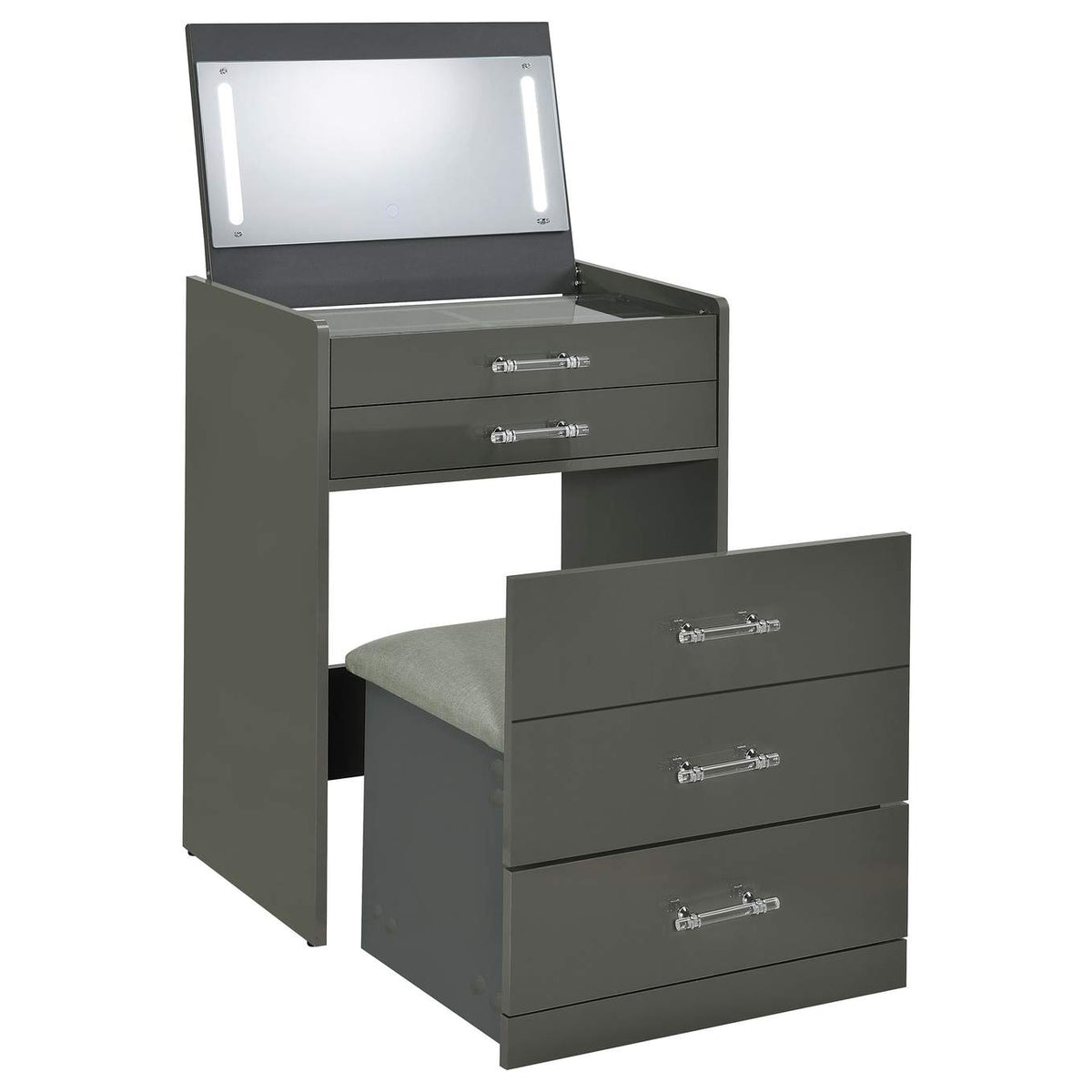 930210 Danbury 3-drawer Makeup Vanity & Stool Set Grey High Gloss