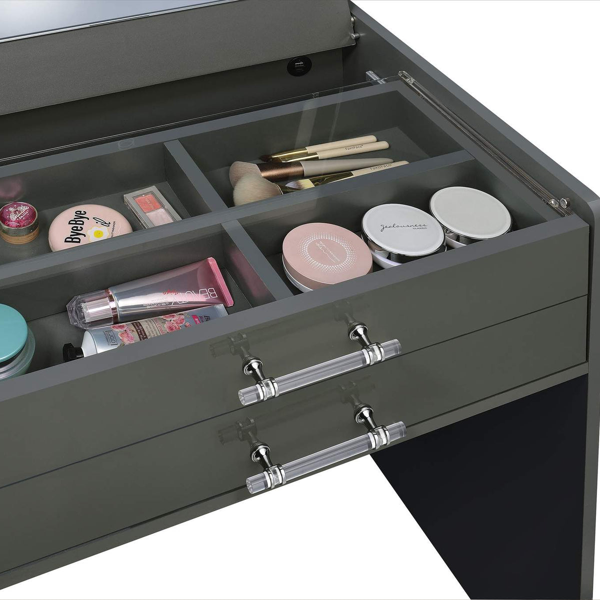 930210 Danbury 3-drawer Makeup Vanity & Stool Set Grey High Gloss