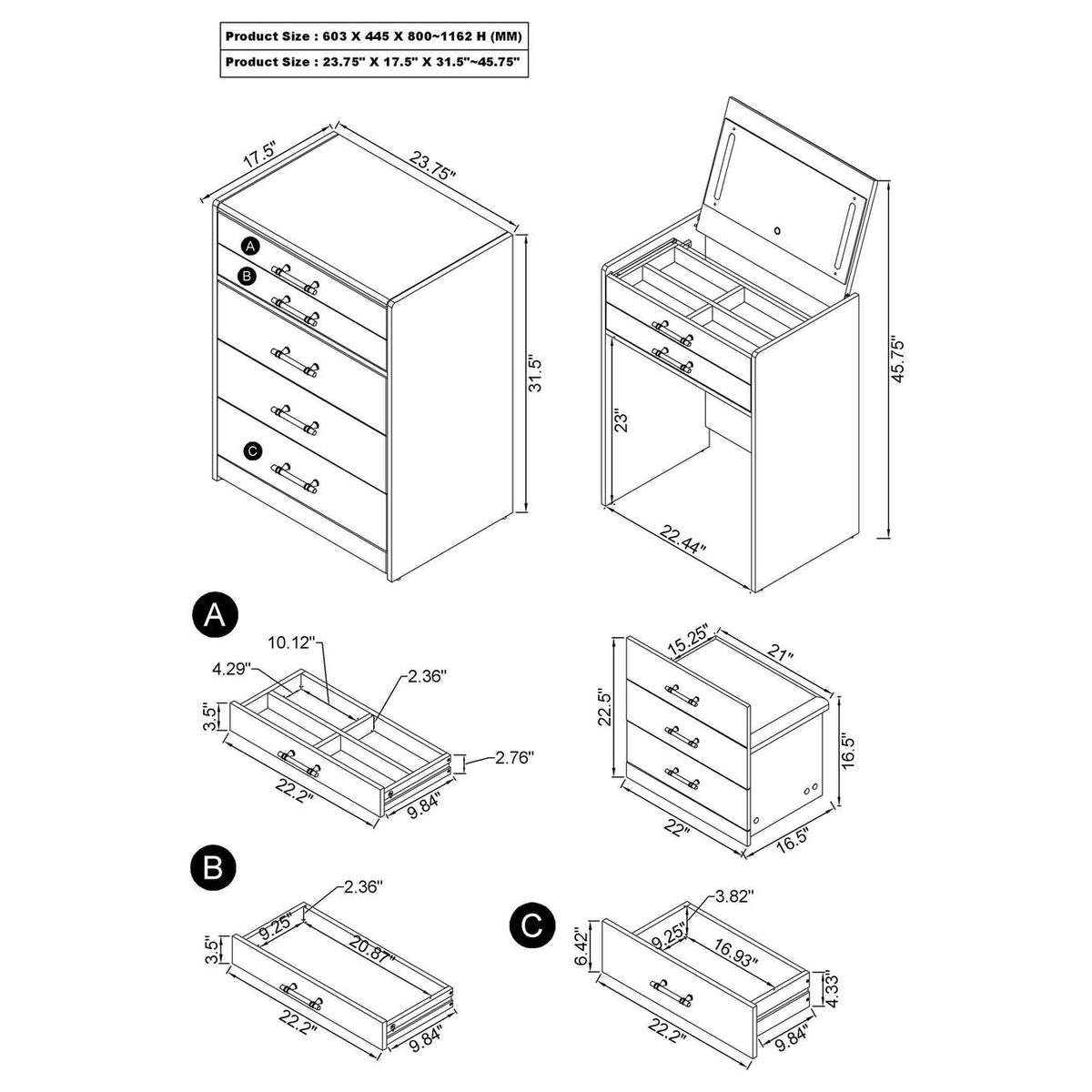 930210 Danbury 3-drawer Makeup Vanity & Stool Set Grey High Gloss