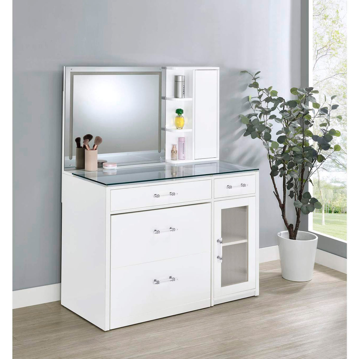 930218 Flora 2-drawer Vanity Set with LED Mirror White High Gloss