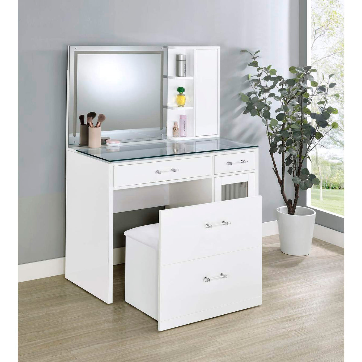 930218 Flora 2-drawer Vanity Set with LED Mirror White High Gloss