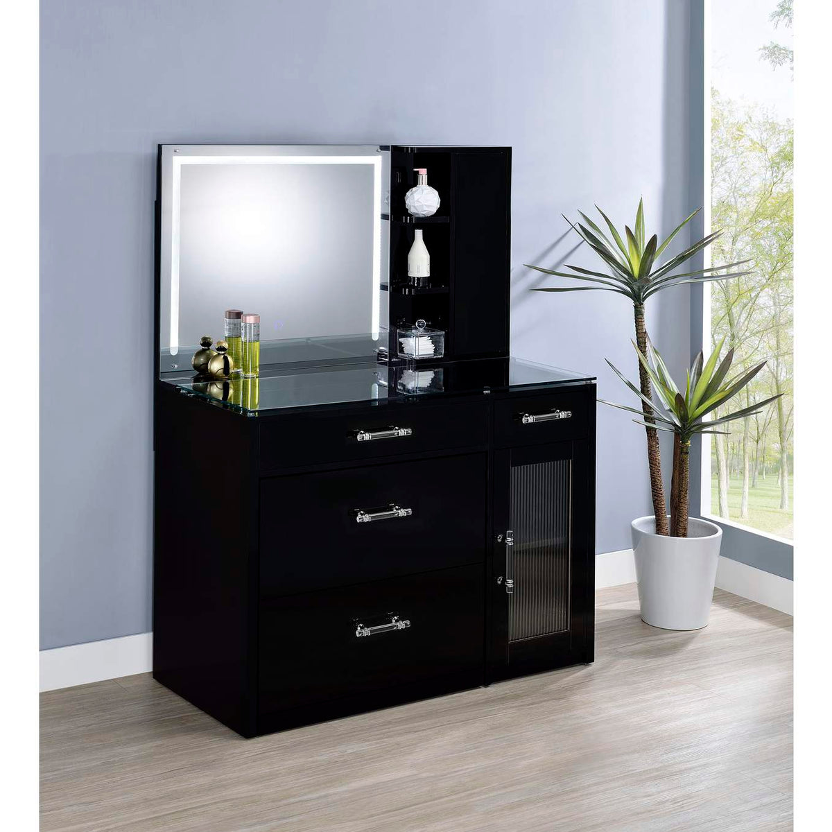 930219 Flora 2-drawer Vanity Set with LED Mirror Black High Gloss