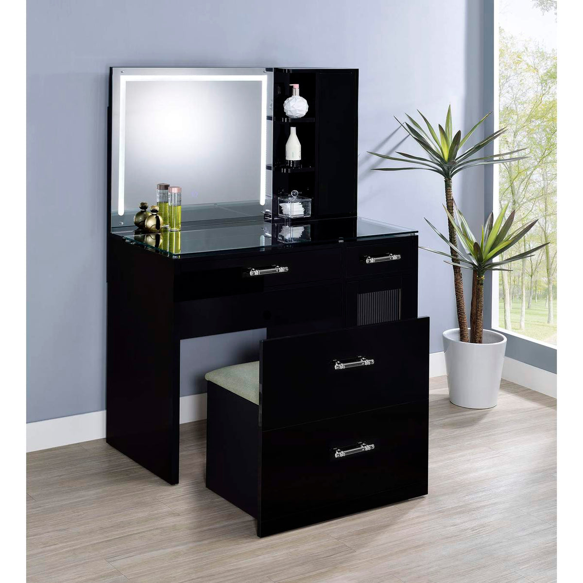 930219 Flora 2-drawer Vanity Set with LED Mirror Black High Gloss