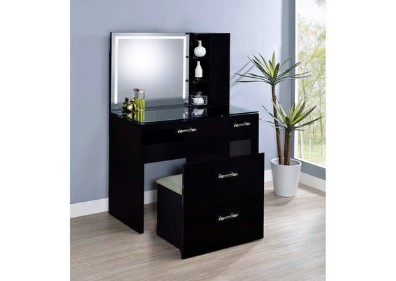 930219 Flora 2-drawer Vanity Set with LED Mirror Black High Gloss