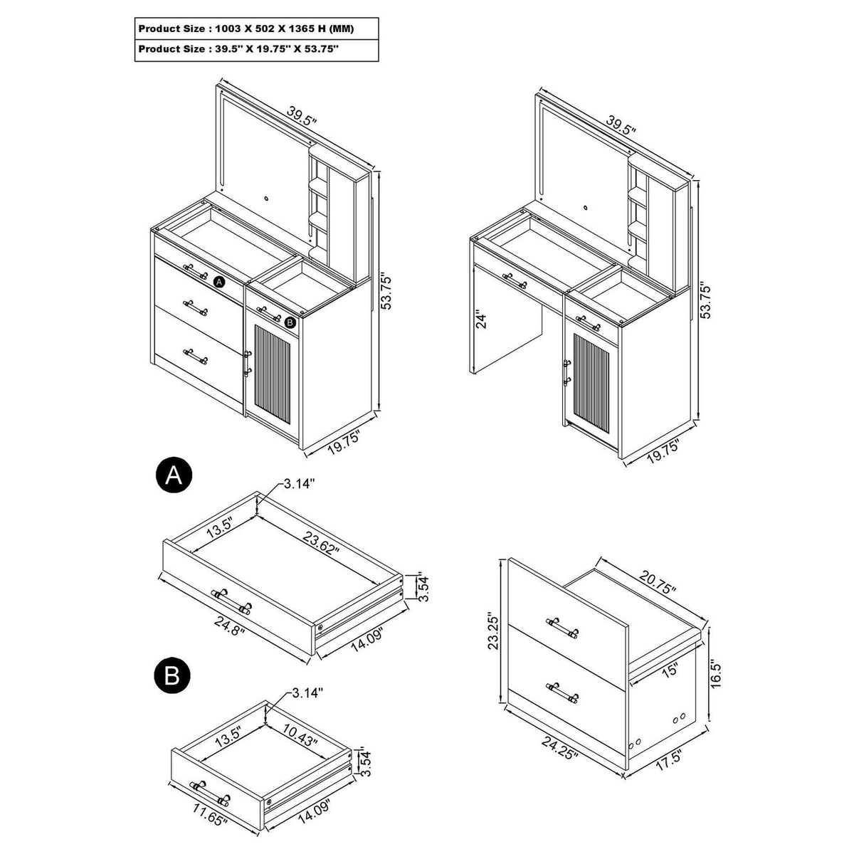 930219 Flora 2-drawer Vanity Set with LED Mirror Black High Gloss