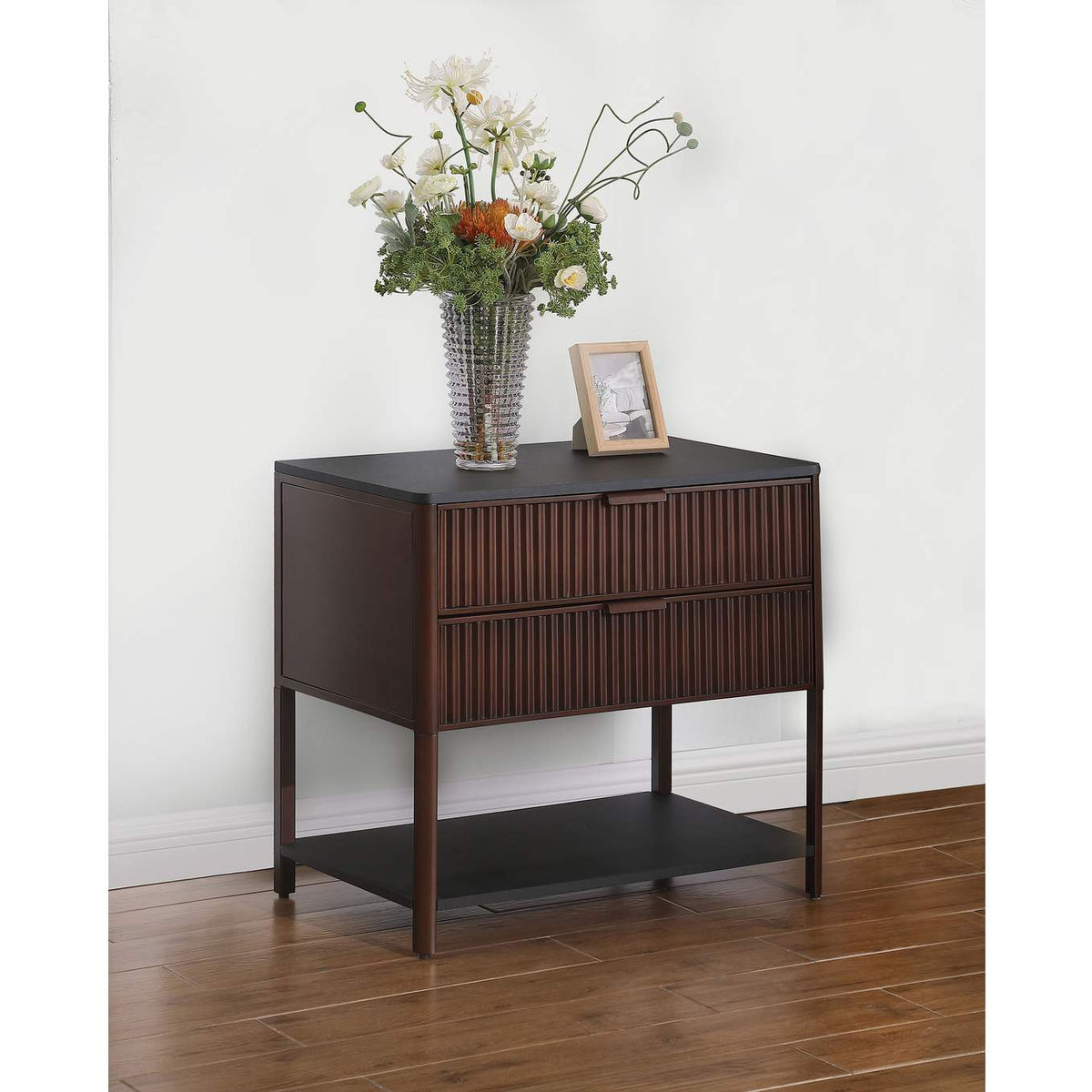 930221 Zimmerlee 2-drawer Side Table with Shelf Rust Brown