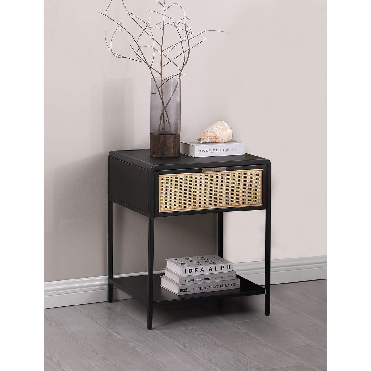 930235 Amherst 1-drawer Radio Weave Cane Metal Bedside Table Black
