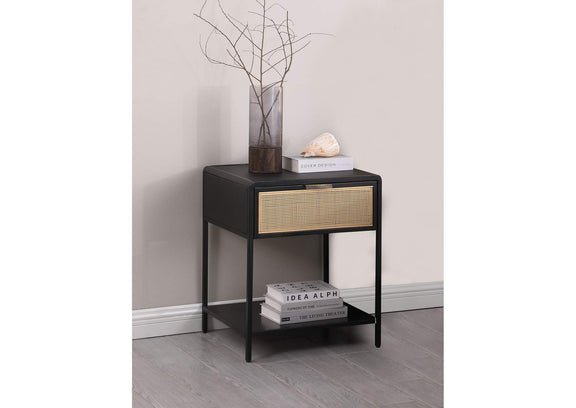 930235 Amherst 1-drawer Radio Weave Cane Metal Bedside Table Black