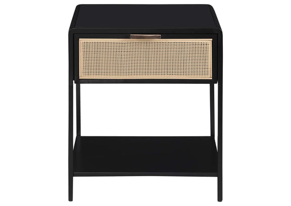 930235 Amherst 1-drawer Radio Weave Cane Metal Bedside Table Black