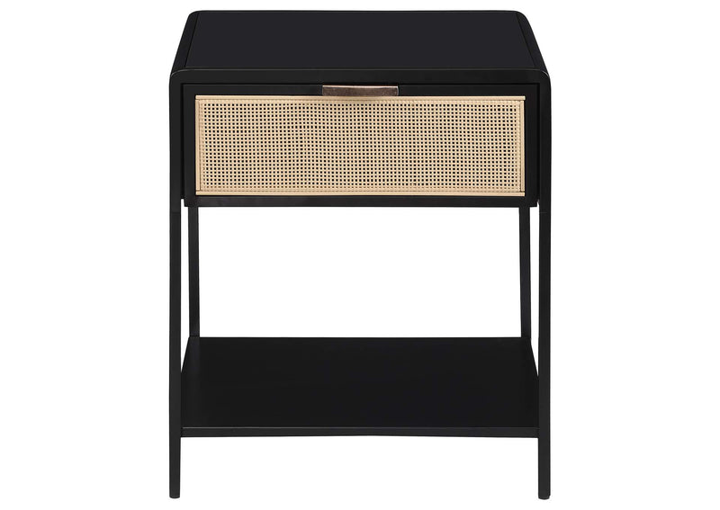 930235 Amherst 1-drawer Radio Weave Cane Metal Bedside Table Black