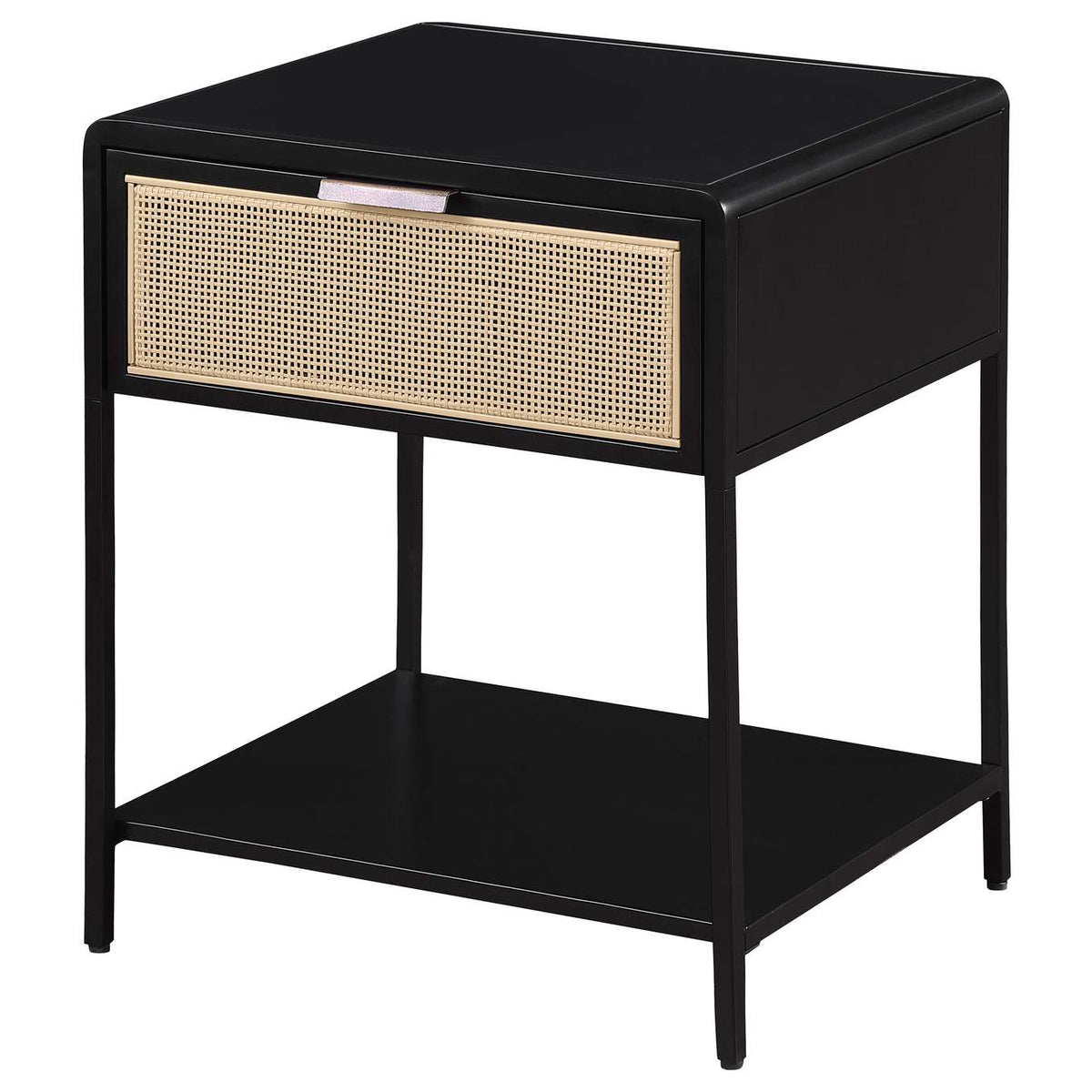 930235 Amherst 1-drawer Radio Weave Cane Metal Bedside Table Black